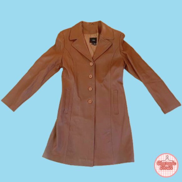Brown Leather Blazer/Trench Coat - Picture 1 of 4